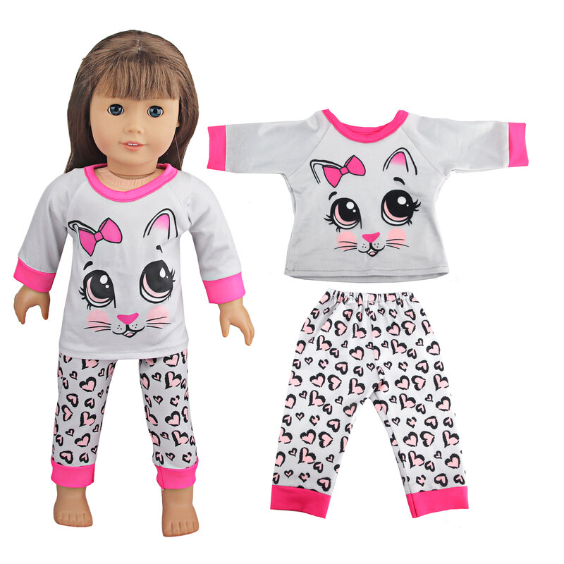 귀여운 고양이 동물 상어 티셔츠 + 반바지 의류 세트 잠옷 미국 18 인치 소녀 인형 및 43cm, 새로 태어난 아기 장난감 인형에 적합