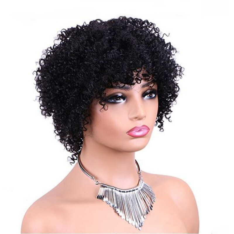 Brazilian Afro Curly Human Hair Wigs With Bang Short Pixie Cut Bob Wig 150% Density Full Machine Made Wigs For Women