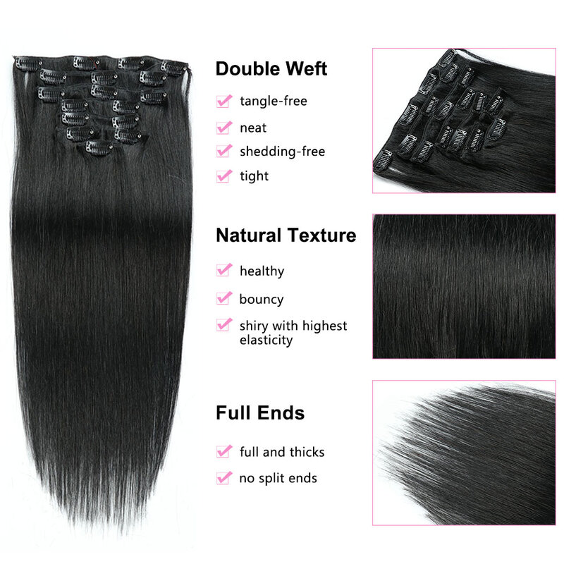 Extension de cheveux humains à clipser pour femmes, cheveux raides Remy, vrais cheveux noirs naturels, 22 ", 24", 100g, 8 pièces par ensemble