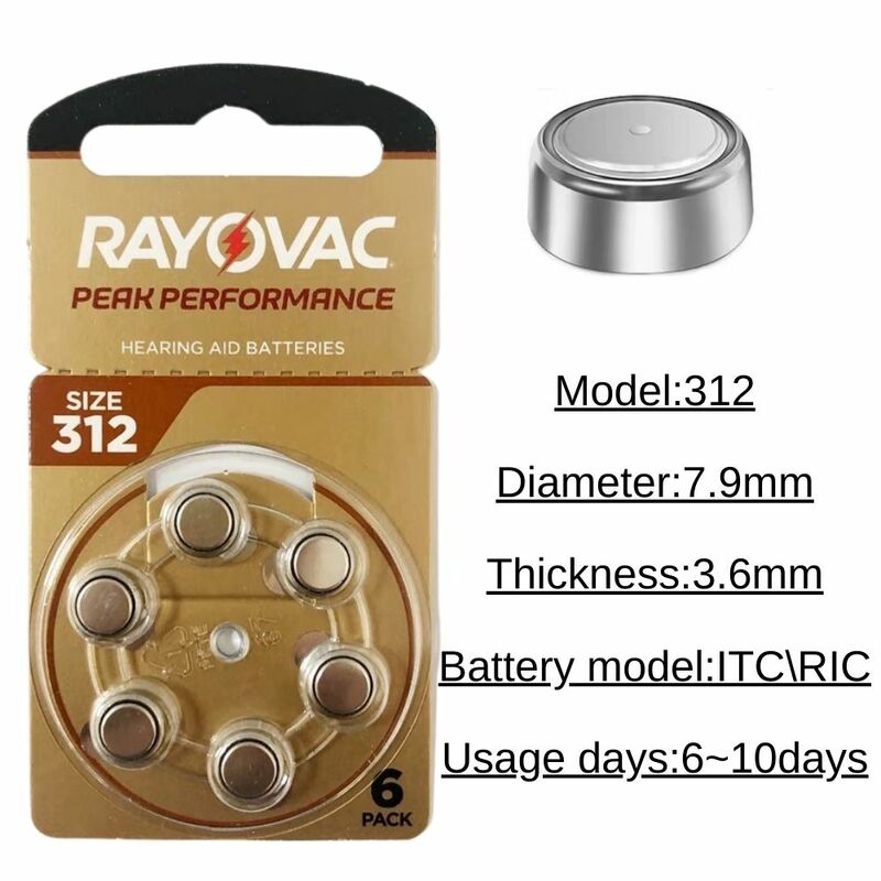 RAYOVAC PEAK-Baterias para Aparelhos Auditivos, A312, 312A, ZA312, 312, 312, PR41, S312, Ar de Zinco, 60 Pcs, 10 Cartões