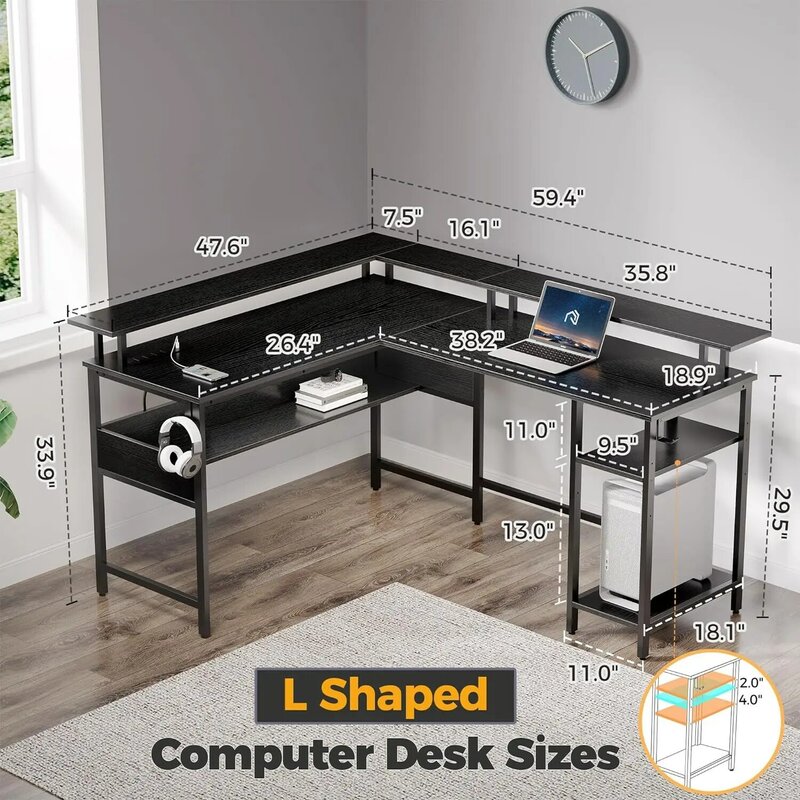 โต๊ะคอมพิวเตอร์59.4ตัว L "พร้อมไฟ LED และปลั๊กไฟโต๊ะเล่นเกมรูปตัว L แบบพลิกกลับได้พร้อมขาตั้งจอสำนักงานบ้าน