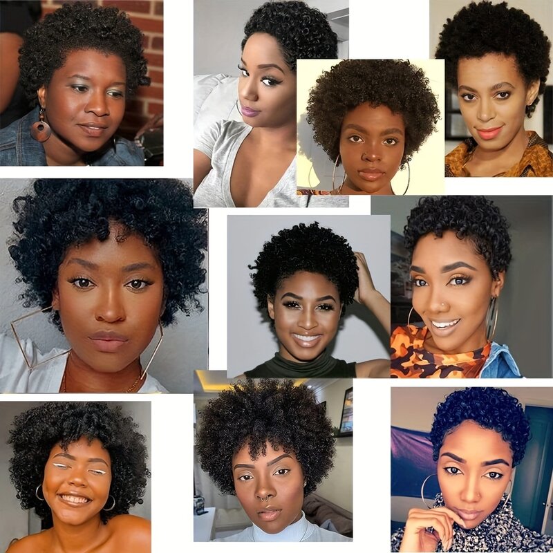 4" Short Afro Kinky Curly Human Hair Wigs With Bangs Pixie Cut Wigs Black Afro Curly Wigs For Women Natural Human Hair Wigs