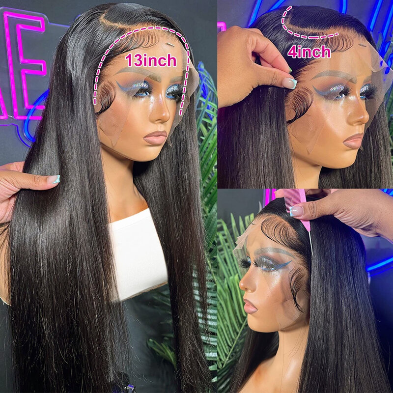 Wig rambut manusia depan renda lurus transparan 13x4 Wig lurus renda depan HD Brasil siap dipakai dan digunakan untuk wanita warna hitam