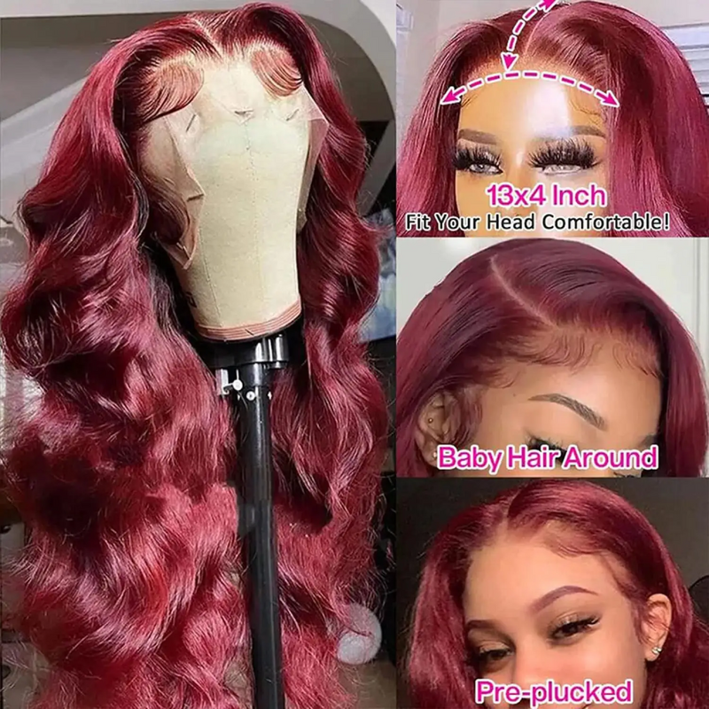 Pelucas de cabello humano brasileño para mujer, postizo de encaje Frontal transparente de 34 pulgadas, color rojo borgoña 99J, 13x4