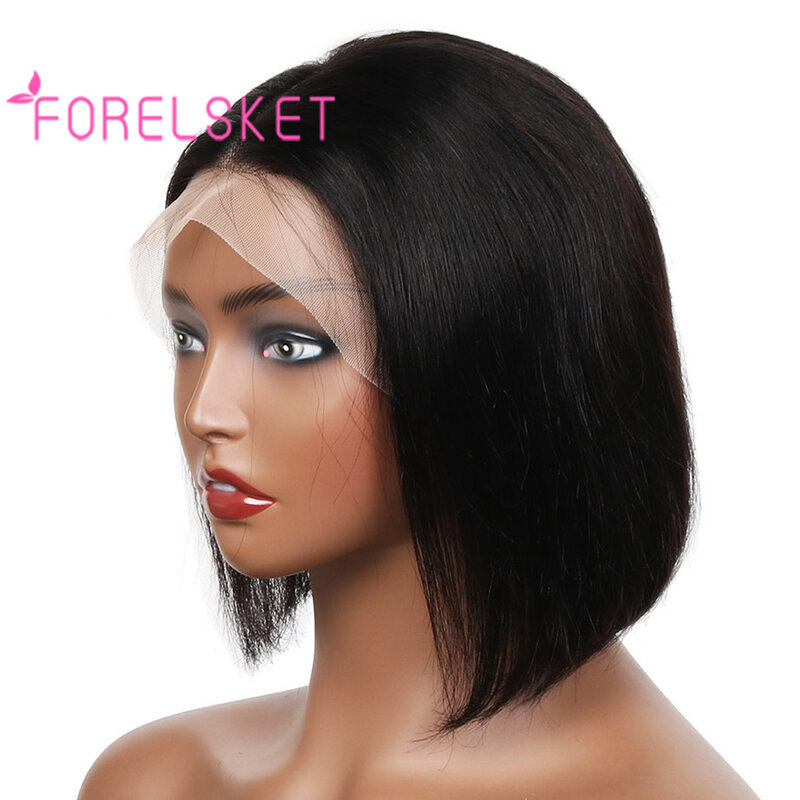 Curto Bob peruca de cabelo humano para mulheres, transparente frente do laço, 180% densidade, laço frontal reto, cor natural, 8 Polegada, 13x4 HD