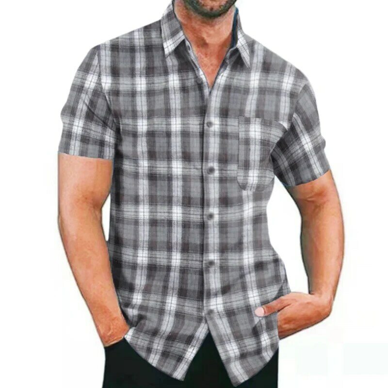 Tiki Men Casual Plaid Flannel Shirt Men's Clothing Short-Sleeved Chest Pocket Design Men's Striped Shirts Printed-Button S-3XL