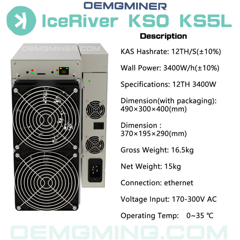 Kaspa Miner 12T 3400W con cable, AD BUY 4, GET 2 gratis, IceRiver KS5L