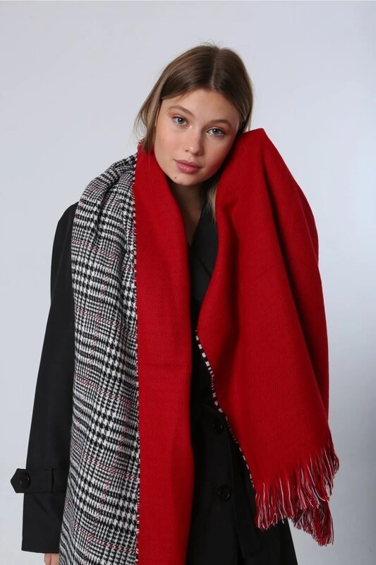 女性用両面グースフィートパターンショール、赤いスカーフ、70x185 cm
