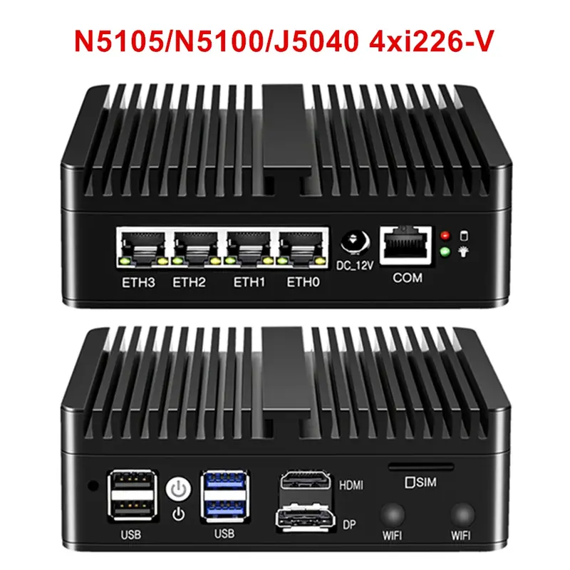 Mini PC Industrial Micro Firewall Appliance, Roteador de Rede Doméstica, Fanless, N100, N5105, J5040, J4125, 4x2.5 GHz, i226, LAN
