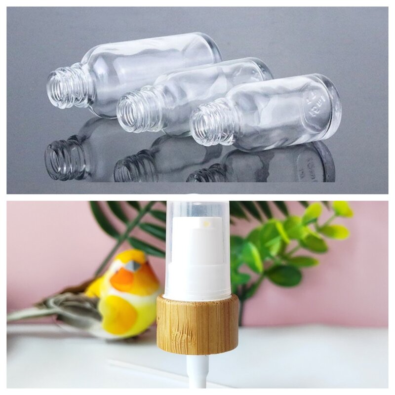 24mm flache Stoper Klarglas flasche mit Bambus lotion Pumpe Aluminium innen mit Gravur Make-up Kosmetik verpackungs behälter