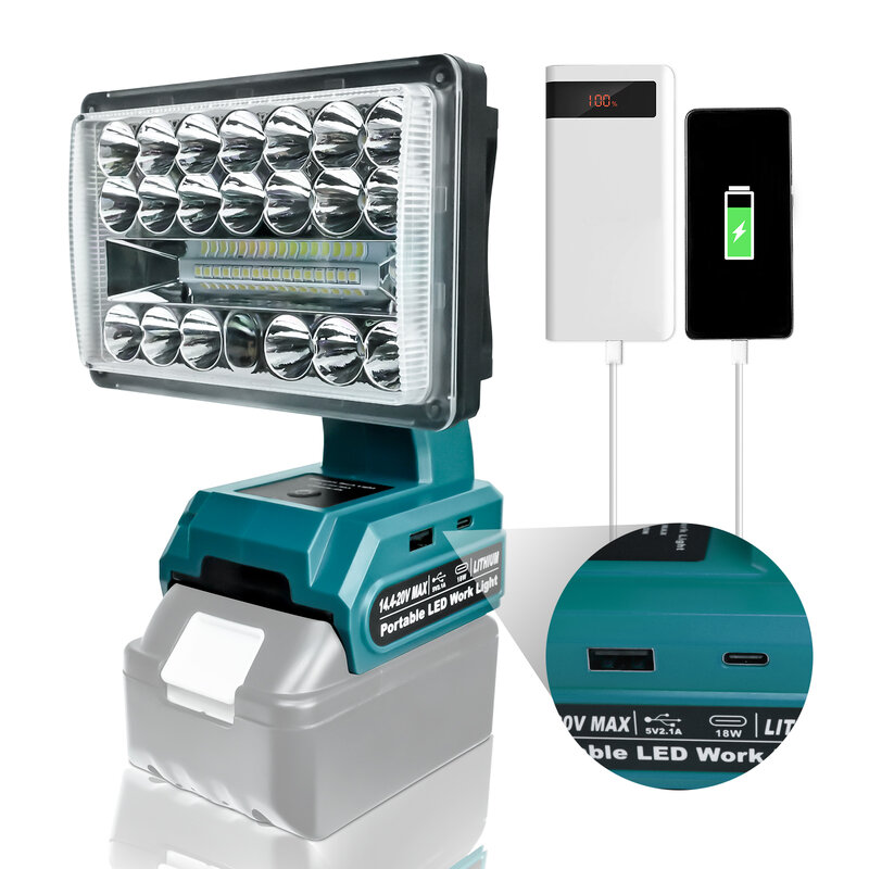 Luz de trabalho LED para Makita, lanterna, iluminação de emergência ao ar livre, porta USB tipo C, bateria Li-ion, 28W, 2000LM, 14.4-20V