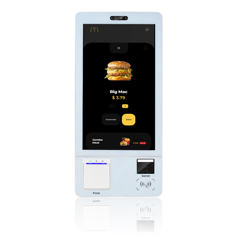 21.5 ", 24" kios pemesanan sendiri untuk restoran Android atau Windows OSD, layar sentuh, printer 80mm, pemindai, pegangan POS genggam