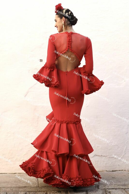 Vestidos de baile de graduación de Flamenco, vestido de noche español de malla de ilusión de lunares de manga larga de Hada de sirena