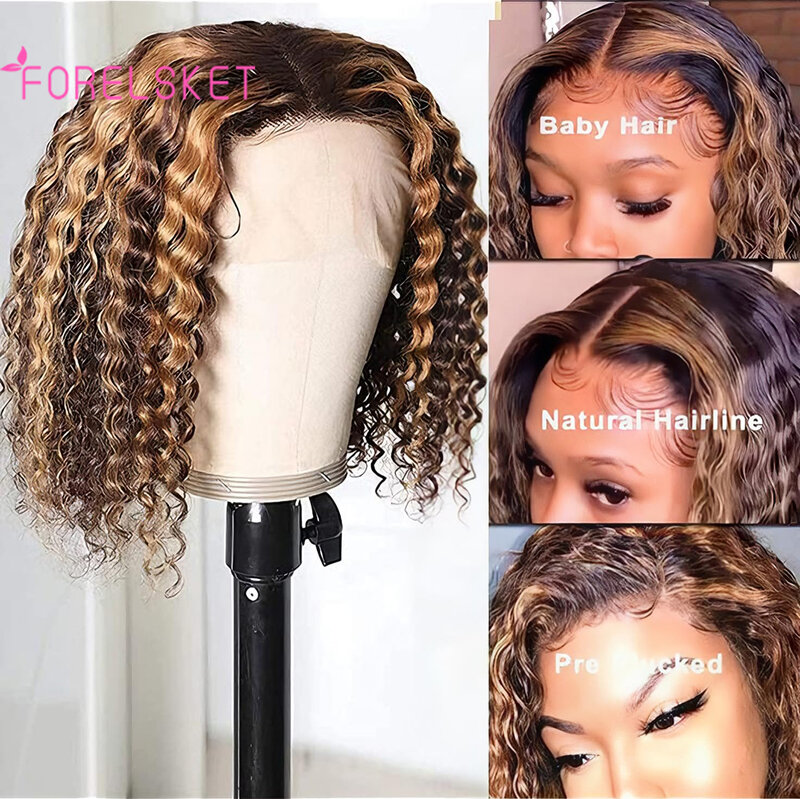 Peluca de cabello humano rizado con encaje frontal 13x4 para mujer, pelo corto brasileño Remy de onda profunda, Color rubio y marrón, 13x4