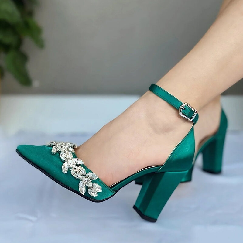الأخضر الصنادل سميكة النساء الساتان الكعوب للنساء كتلة كعب أحذية للنساء 2023 10 سنتيمتر عالية الكعب صندل أحذية كبيرة الحجم النساء