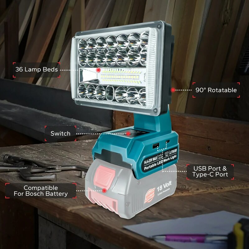 Senter lampu kerja LED, 5 inci 28W lampu sorot tipe-c USB Power Bank untuk Bosch 18V baterai Li-ion (tanpa baterai)