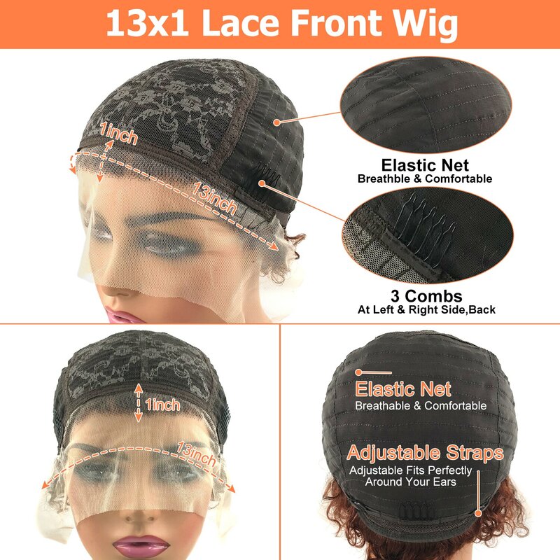 흑인 여성용 짧은 미리 뽑은 가발, 픽시 컷, 브라질 버진 레이스 프론트 인모 가발, 13X1 HD 투명 레이스 가발, 1B 27