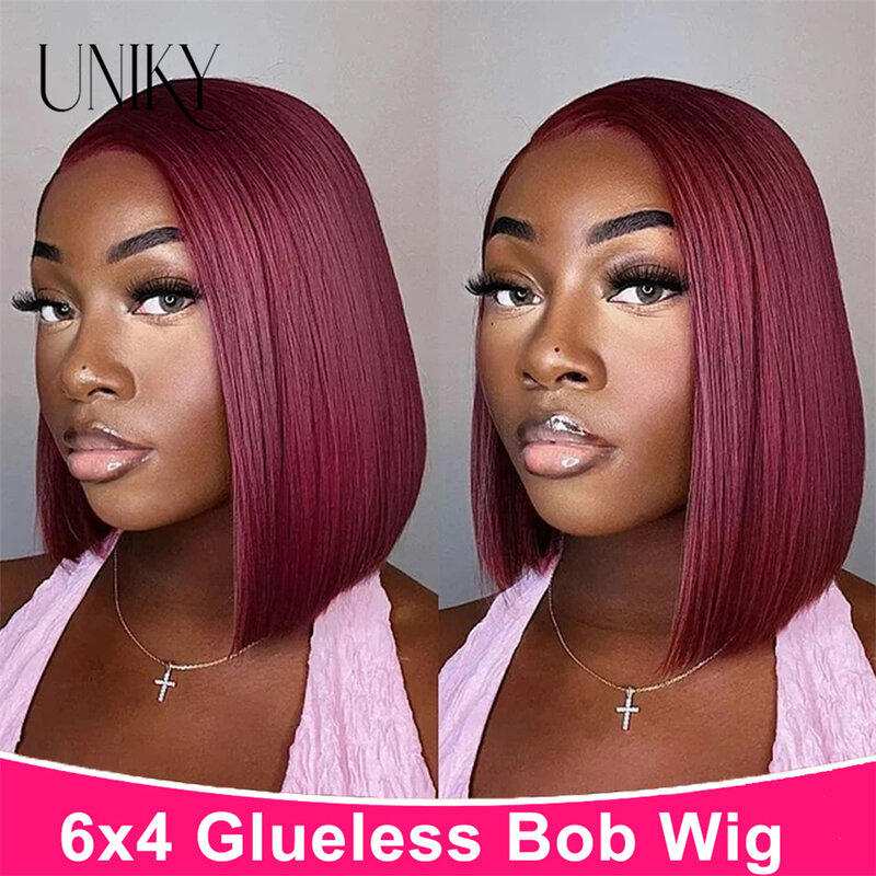 99J Burgundy Colored Wear And Go Glueless Human Hair Wig Straight Short Bob 6x4 Lace Frontal Pre Plucked Human Wigs Ready To Go