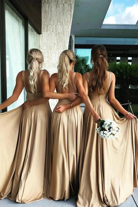 Off-the-Shoulder Chiffon Deep V-Neck Bridesmaid Dresses with Wedding Sleeveless Ball Gowns Backless Slit Formal Evening Dress