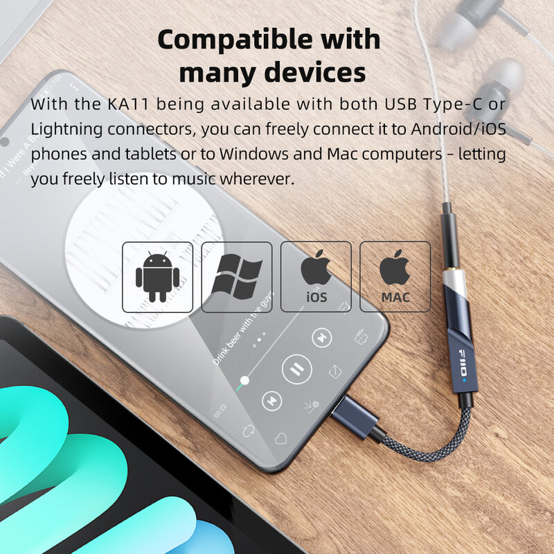 FiiO/JadeAudio KA11 Tipe C/Lightning ke adaptor Audio 3.5mm 32bit/384KHz, penguat DAC Dongle USB HiFi untuk Android/iOS/Win