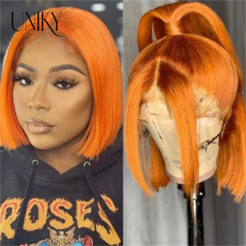 Short Bob Frontal Wigs For Women Ginger Orange Straight 150 Density Pre-Plucked Lace 13x4 T Part Lace Front Human Hair Bob Wig