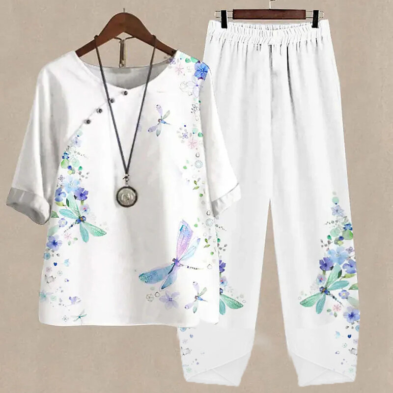 ชุดวินเทจสำหรับผู้หญิง2ชิ้นสีขาวพิมพ์ลายผีเสื้อชุดหลวมๆเสื้อเชิ้ตแขนสั้นคอกลมพร้อมกางเกง