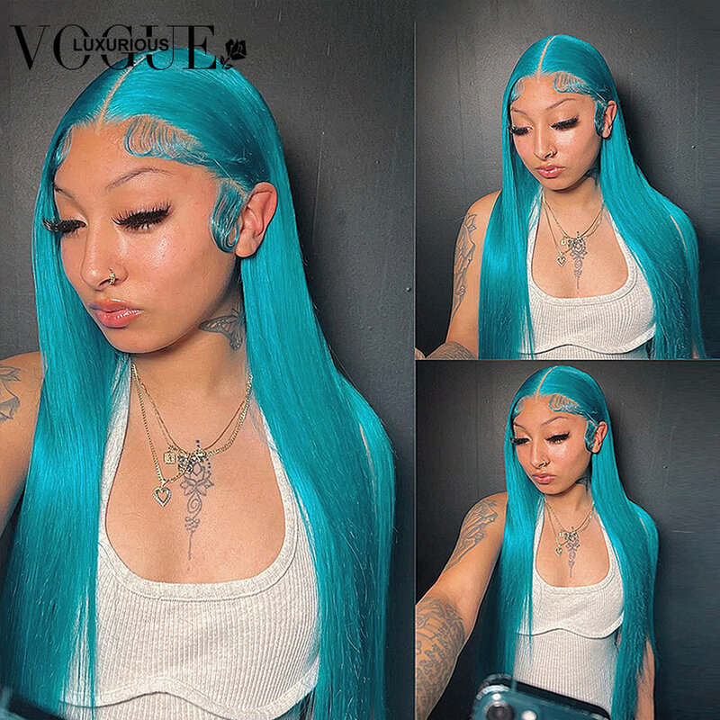 Light Lake Blue Colored Straight Human Hair Frontal Wigs 13X4 Transparent Lace Front Wig Glueless Ready To Go Brazilian On Sale