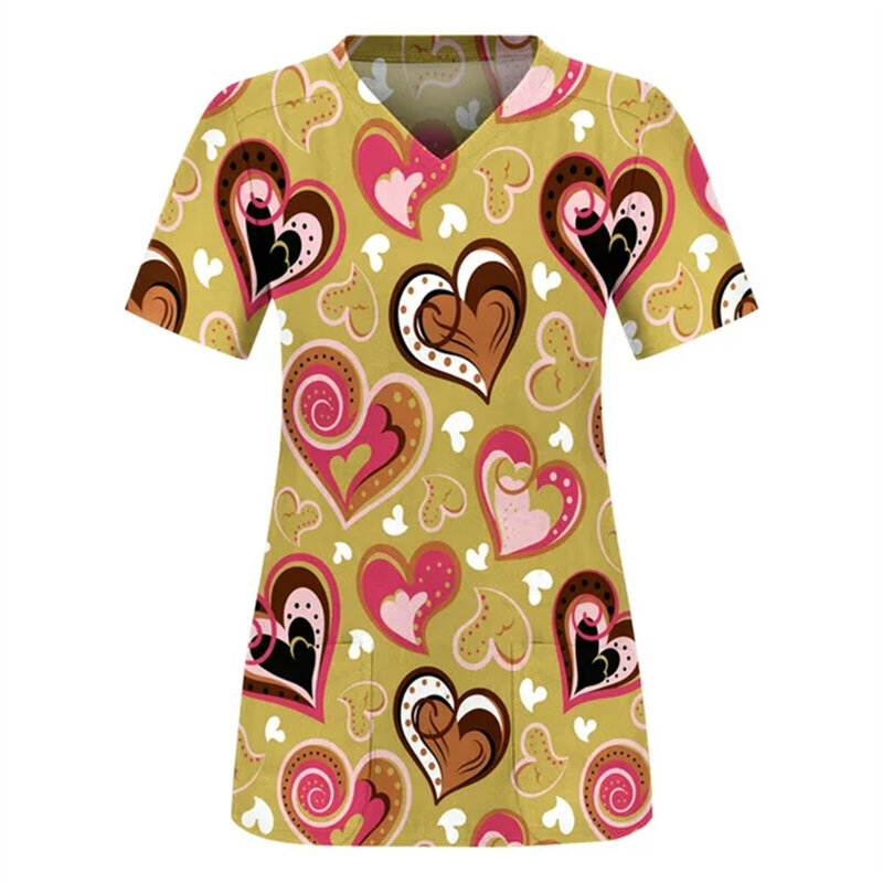 Camisetas de amor para mujer, uniforme médico de enfermería, camiseta elástica con estampado degradado, cuello en V, manga corta, Tops con bolsillo, ropa para mujer