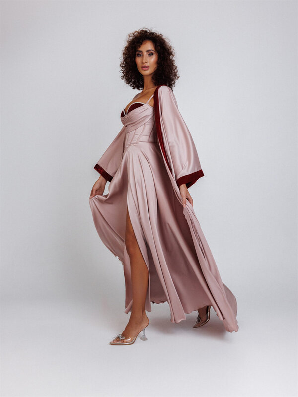 Two Pieces Suit Elegant Satin Bride Robe For Wedding Sexy Flare Sleeves Front Slit Bridal Shower Dress Women Night Gwon 2024