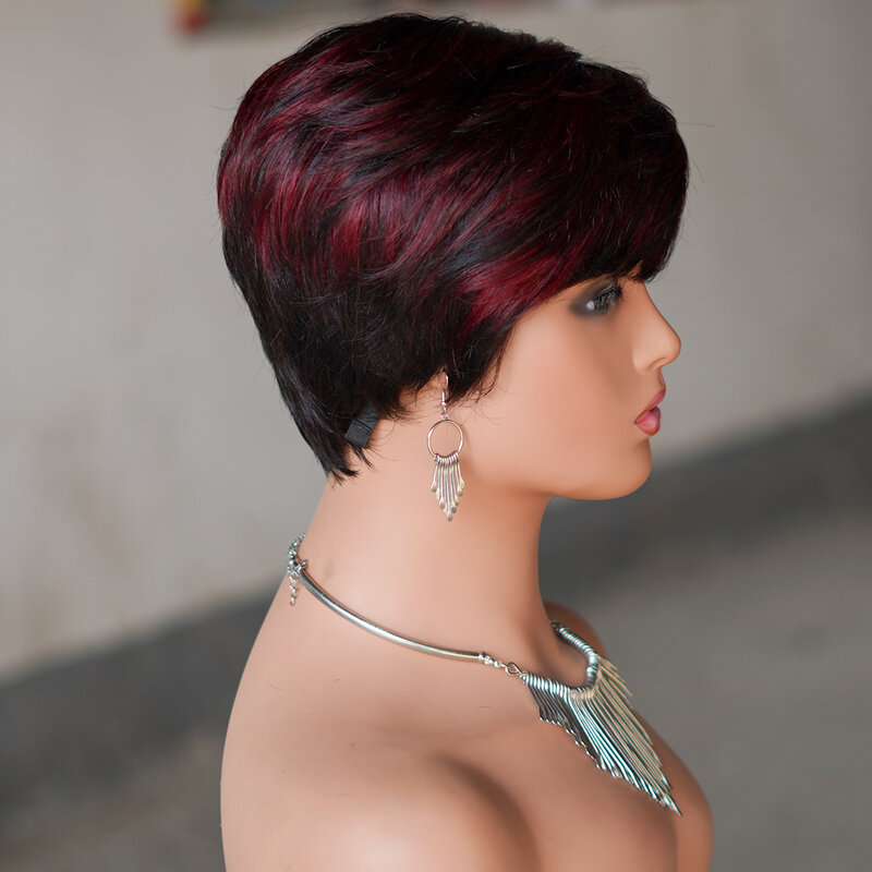 T1B/99J Short Pixie Cut Brazilian Remy Human Hair Wigs To Wear Glueless Straight Hair Color Full Machine Made Bob Wig With Bangs