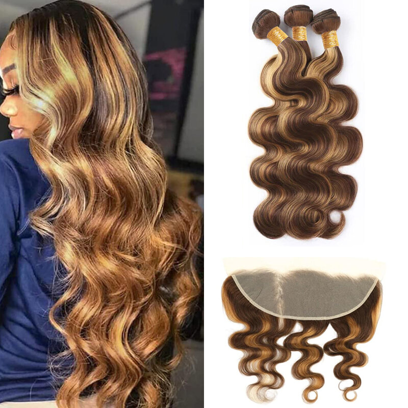 P4/27 Highlight 3 Bundles With Frontal Body Wave Brazilian Ombre Blonde Colored Human Hair 3 Bundles with 13x4 Lace Frontal Hair