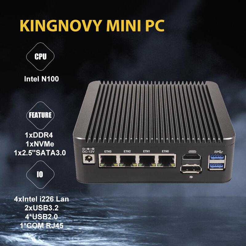 Mini Firewall Fanless do PC, barato, router macio, Intel N100, 2.5G, 4x, i226-V LAN, 1 * COM, RJ45, pfSense do tipo-C, PVE, ESXi