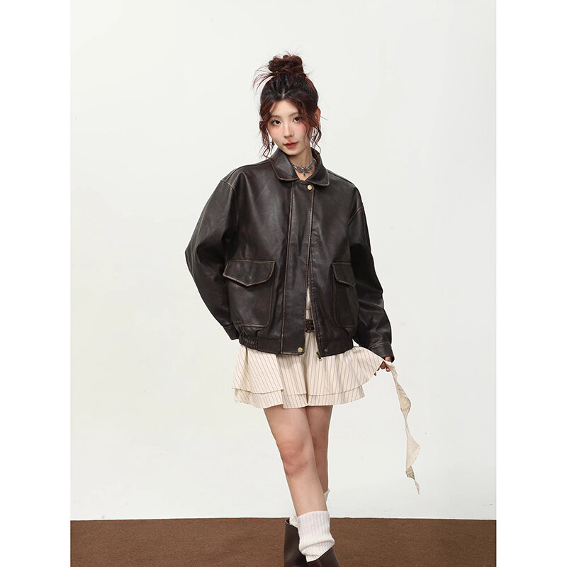 Винтажная женская куртка из искусственной кожи, укороченная Повседневная Байкерская верхняя одежда в стиле бойфренд панк, большие размеры