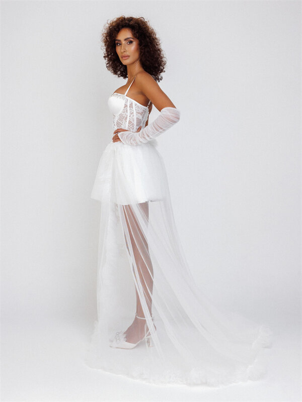Elegant Spaghetti Strap Lace Bride Robe For Wedding Soft Tulle Bridal Shower Dress With Gloves Women Night Gwon عرس لينجري2024