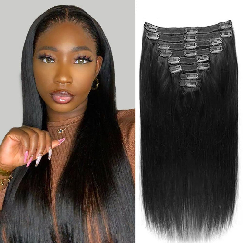 613 Straight Clip In Human Hair Extensions Natural Black Color In Brazilian 100% Remy Human Hair 120G 8Pcs/Set Full Head Women
