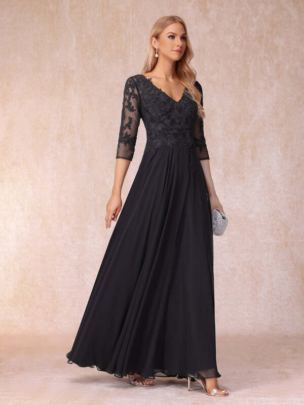 Женское ТРАПЕЦИЕВИДНОЕ вечернее платье, длинное официальное платье с V-образным вырезом, бисером и аппликацией, с рукавом 3/4, для свадебной вечеринки