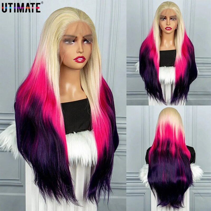 Peluca larga sintética Natural de raíz Beige, peluca colorida púrpura de tres tonos, parte media, pelucas delanteras de encaje, 13x3 pulgadas