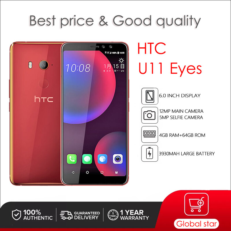 HTC U11 EYES 리퍼브 정품 언락 휴대폰, 6.0 인치 옥타코어 12MP 카메라, 무료 배송