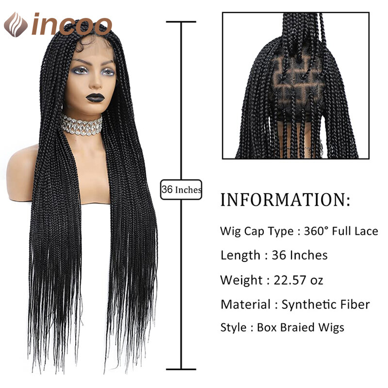 흑인 여성용 합성 풀 레이스 가발, 크로셰 상자, 땋은 머리, 매듭 없는 상자, 36 인치