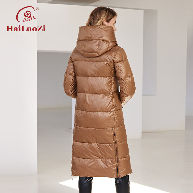 Новая женская зимняя куртка HaiLuoZi 2022, длинная теплая ветрозащитная стеганая Повседневная облегающая Хлопковая женская парка на молнии с капюшоном, Женское пальто 6055
