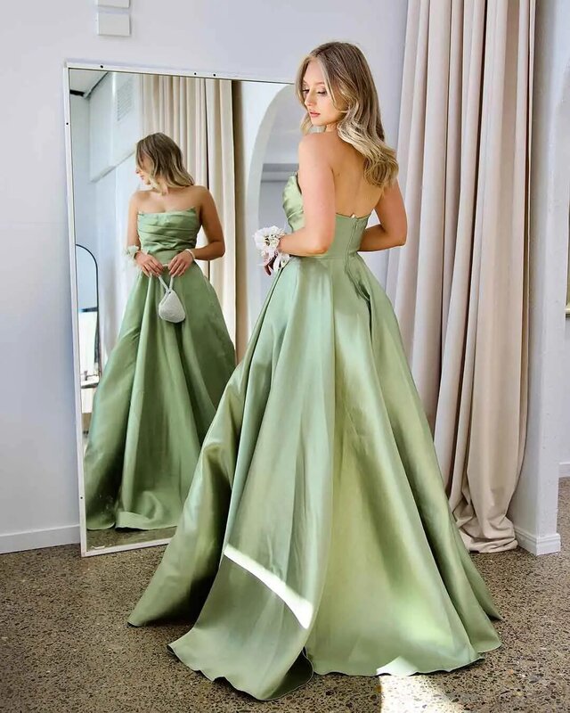 Elegant Strapless A-line Satin Prom Dresses For Women Formal Evening Dresses Party Gown With High Slit Pleat