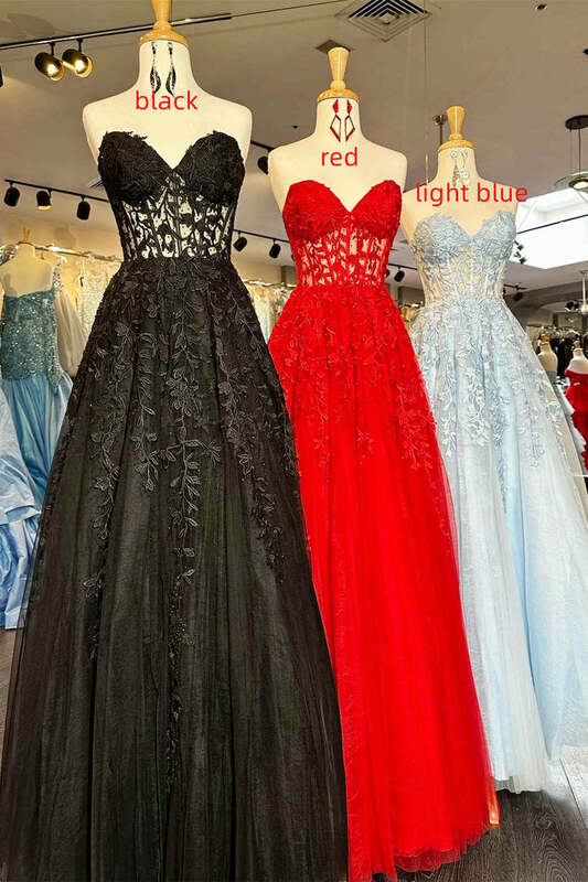 A Line Sweetheart Corset Prom Dress With Split Appliques Sweet Tulle Formal Evening Gown Bodice Party Bridesmaid Dresses