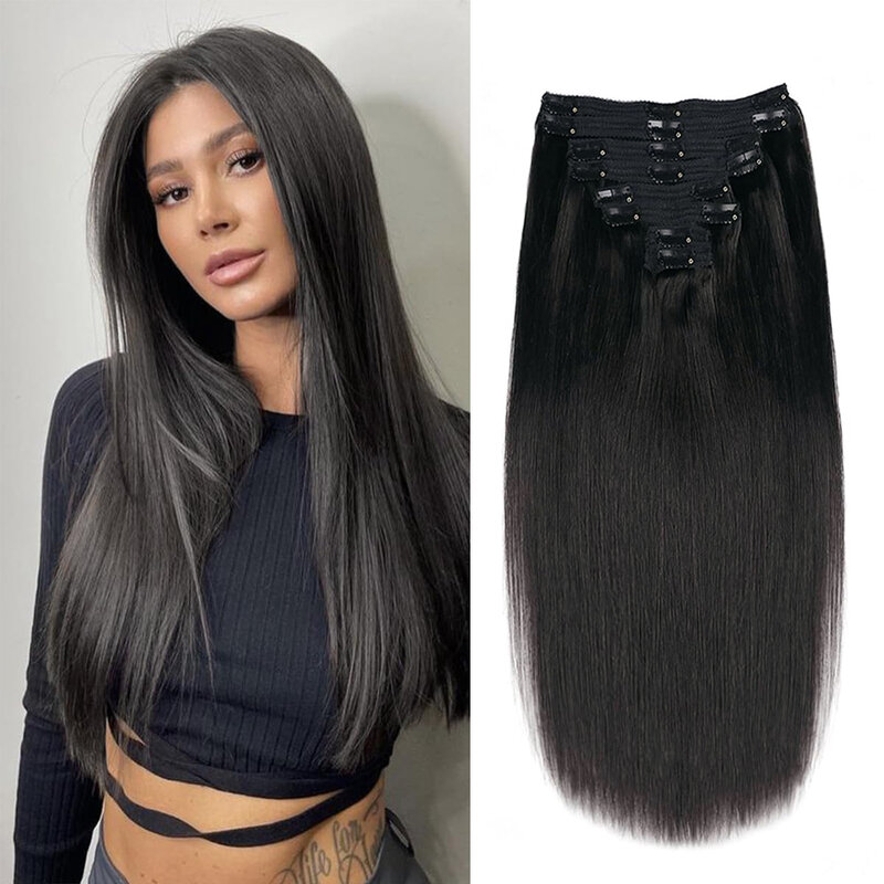 Clipe reto em extensões para mulheres, cabelo humano, clipe brasileiro na cor preta natural, Ins Remy Hair, 120g