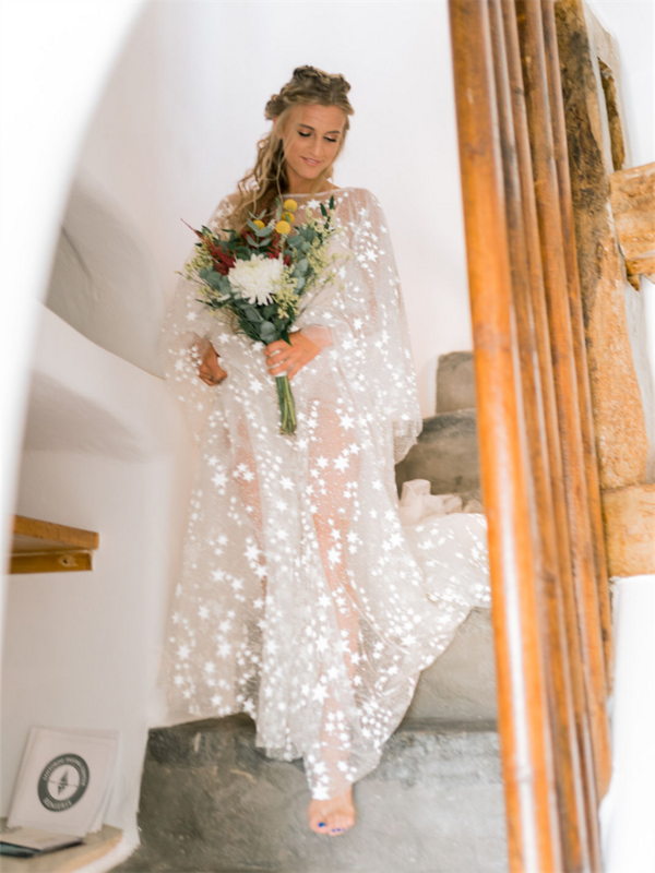 Two Pieces Suit Boho Star Lace Bride Robe For Wedding Sexy Flare Sleeves Bridal Shower Dress Women Night Gwon 2024 ودينغ روب