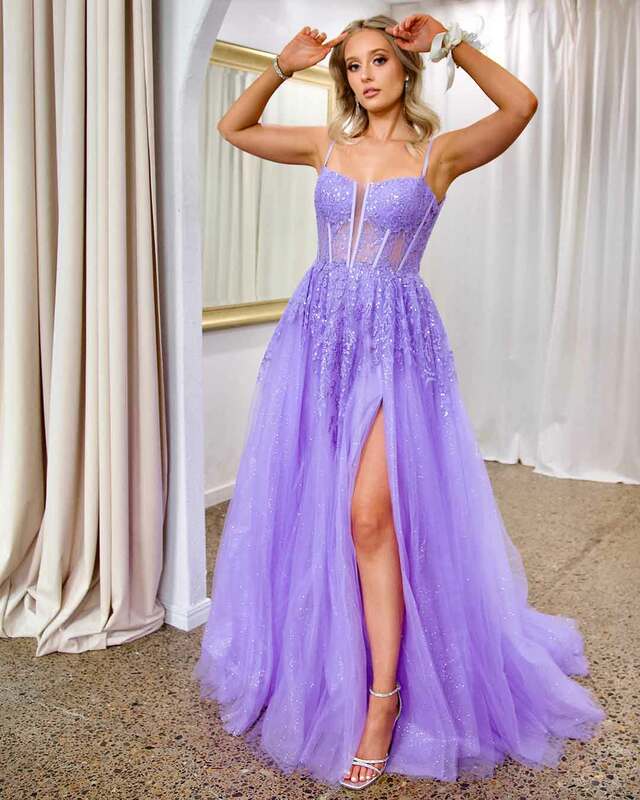 Fine lightning Sequin Applique Tulle Prom Dresses Long Spaghetti Straps V Neck Ball Gown Glitter Formal Evening Party