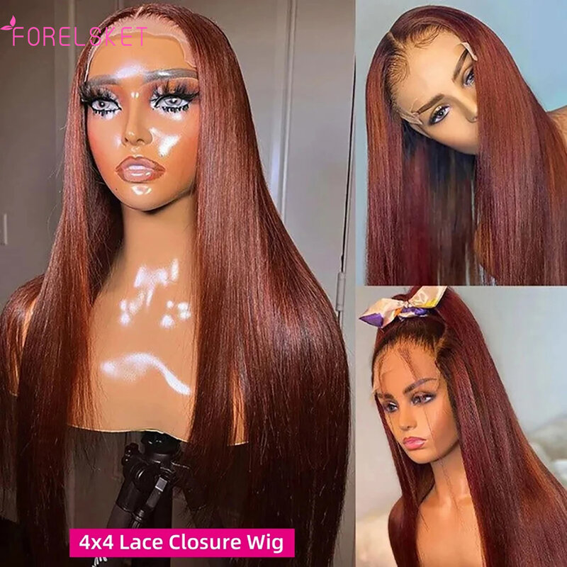 13x4 HD Transparent Lace Front Wig Preplukced With Baby Hair 33#Human Hair Wig Reddish Brown Bone Straight Human Hair Wigs