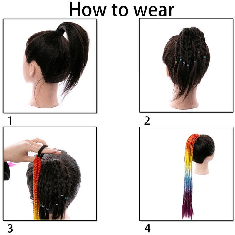 Ekstensi rambut sintetis gradien warna kotor, ekstensi rambut poni kepang 60CM karet elastis untuk anak perempuan