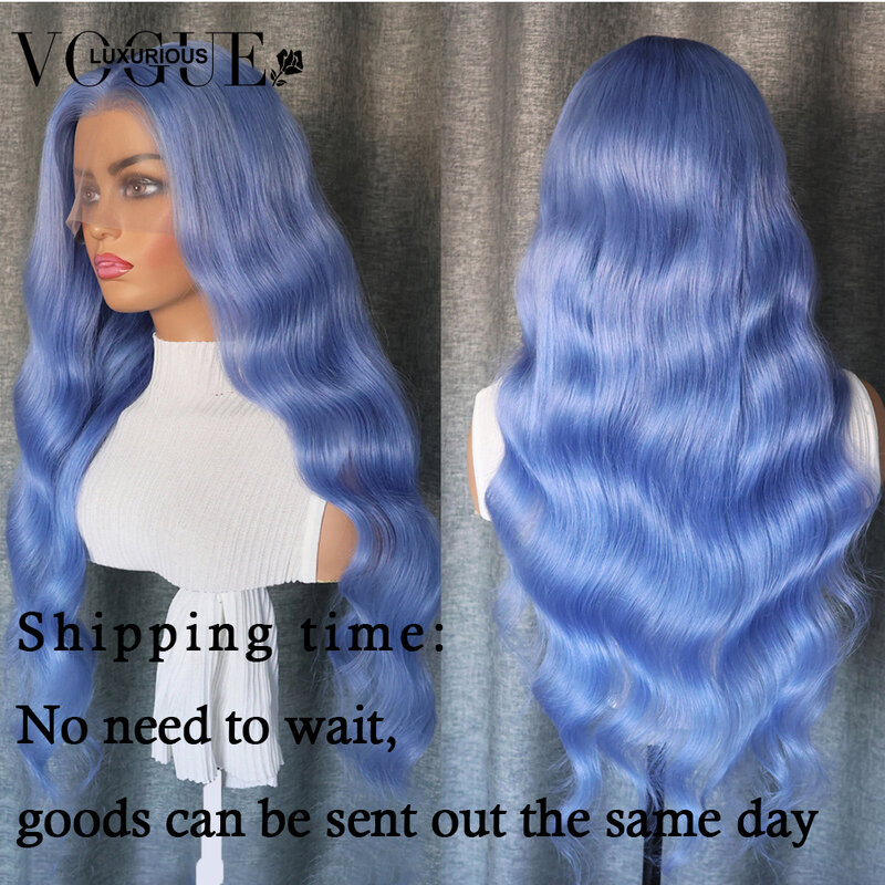 Luz azul colorido corpo onda peruca, perucas de cabelo humano frente do laço transparente, peruca frontal Remy brasileiro sem cola, pré arrancado à venda, 13x4
