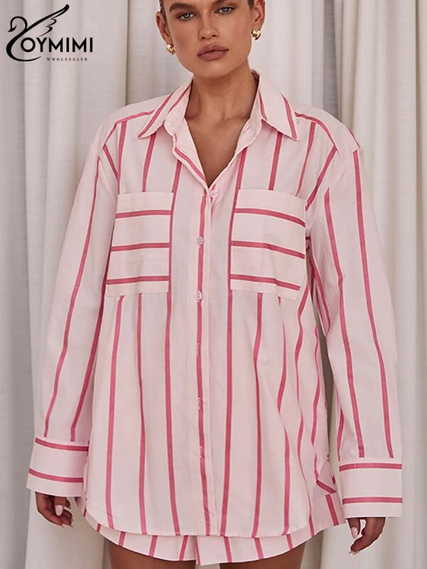 Oymimi Set di stampa rosa Casual per donna 2 pezzi elegante risvolto tasche a maniche lunghe camicia con bottoni e pantaloncini a vita alta Set femminile
