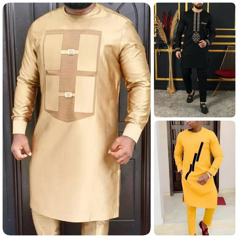 2024 męski elegancki kostium z długim rękawem koszula spodnie 2-częściowy okrągły dekolt w jednolitym kolorze impreza z długim rękawem w stylu afrykańskie etniczne